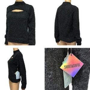 Sweet and Sinful Black Eyelash Knit Keyhole Front Mock Neck Sweater Womens Large